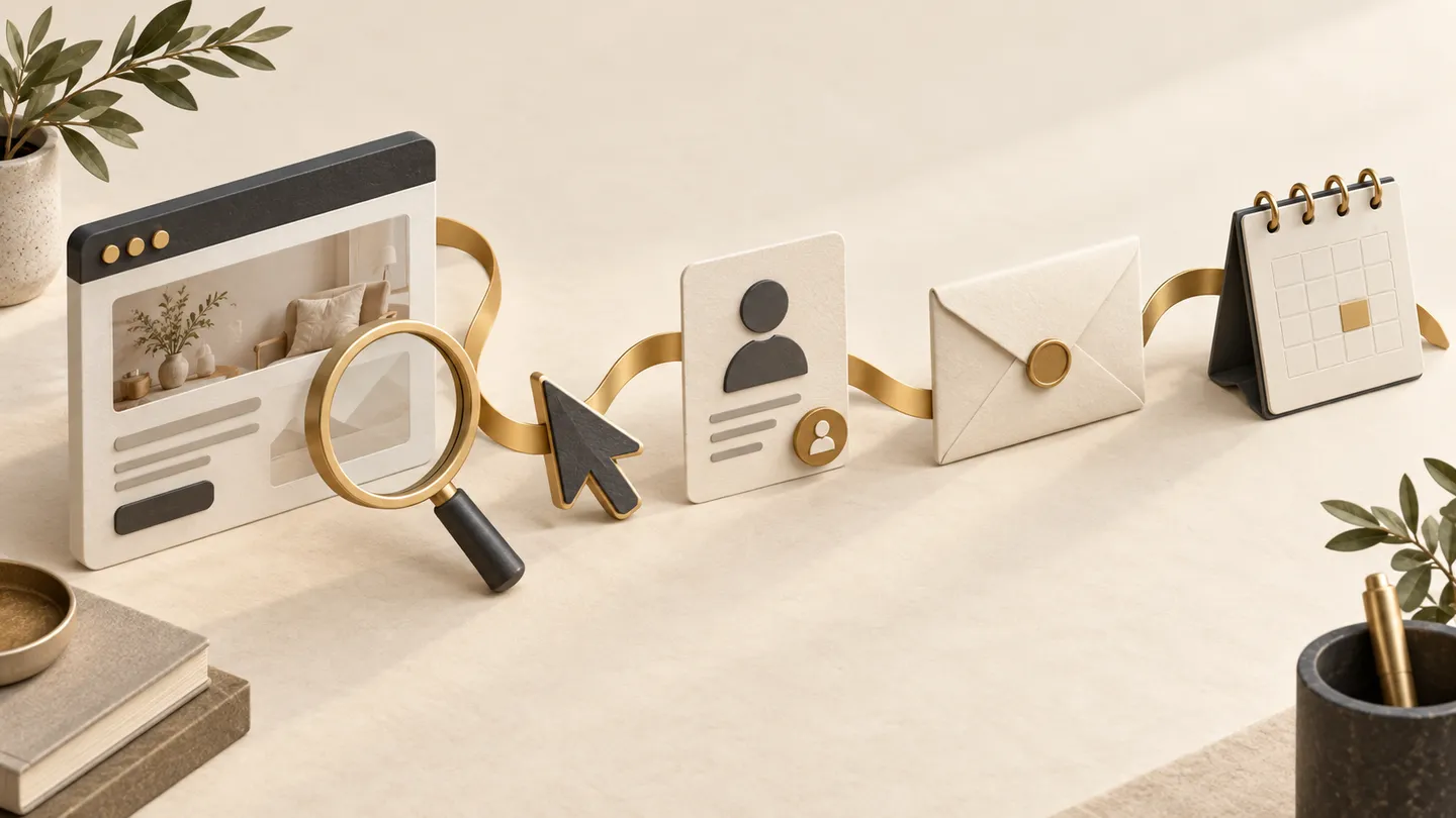 Website, search, enquiry, email and booking tools connected by a gold ribbon